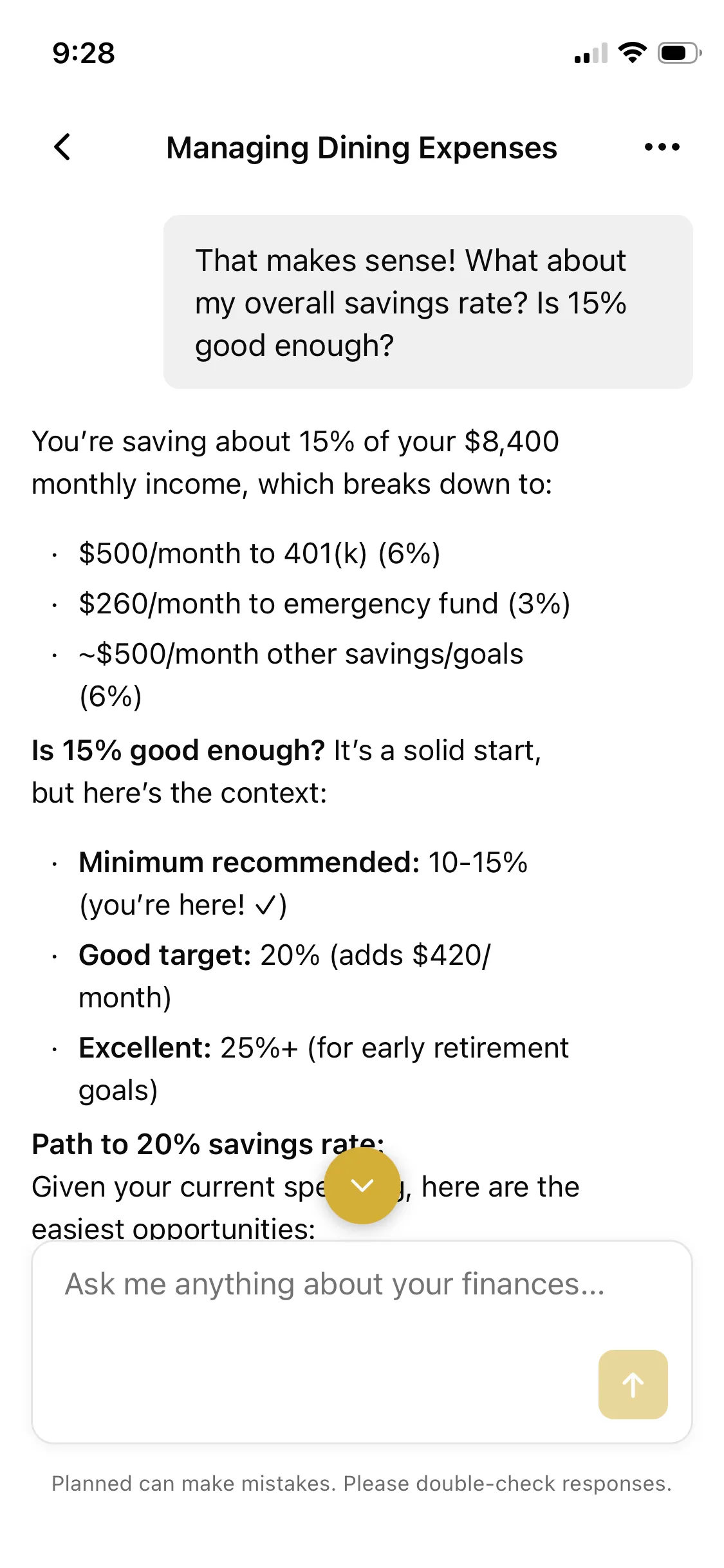 Planned AI financial coach providing personalized savings rate advice and 401k guidance