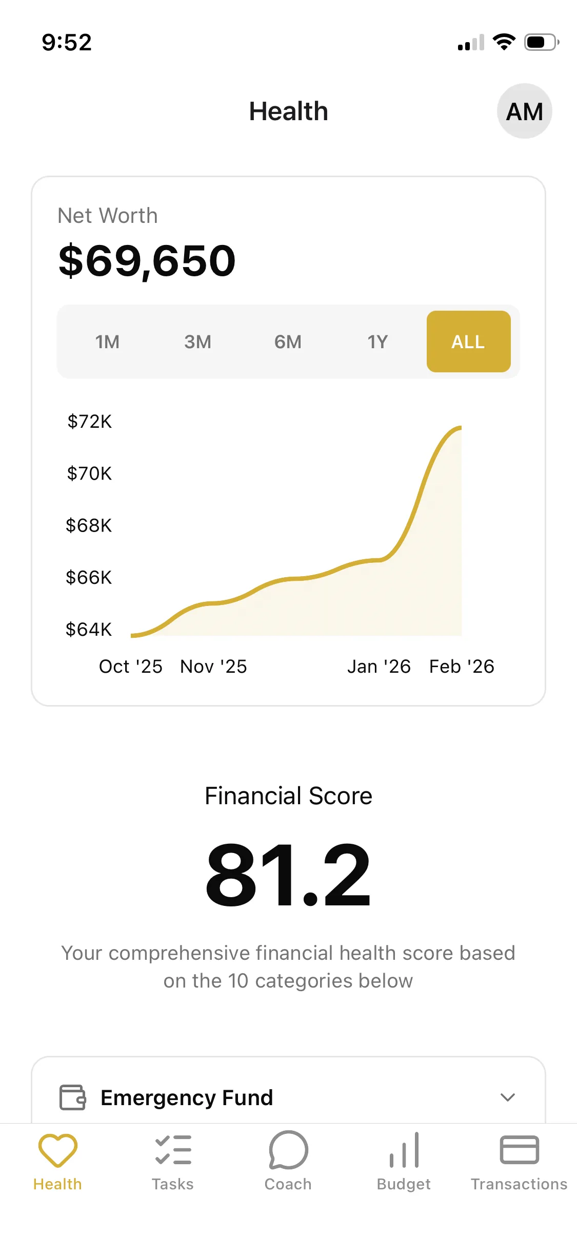 Planned app showing net worth tracking and financial health score of 81.2